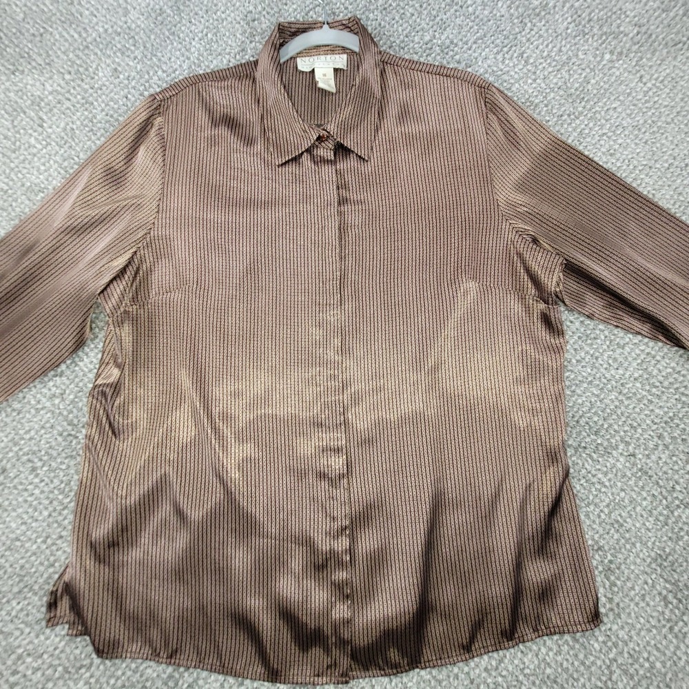 Norton McNaughton Bronze Geometric Satin Button Up Blouse Womens 16 Brown L/S